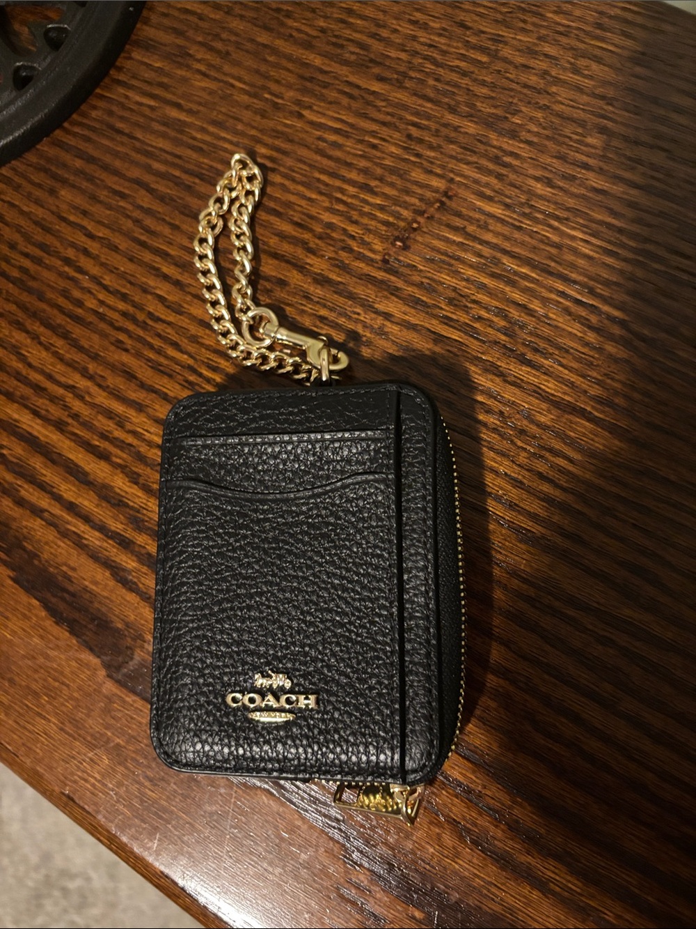 Coach Black Pebbled Leather Card Holder with Gold Chain
